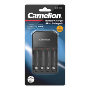 CAMELION 4-Kanal-Ladegerät BC-1093 mit 4 unabhängigen Ladekanälen und roter LED-Statusanzeige, schwarz/grau gestaltet, für AA/AAA Ni-MH.